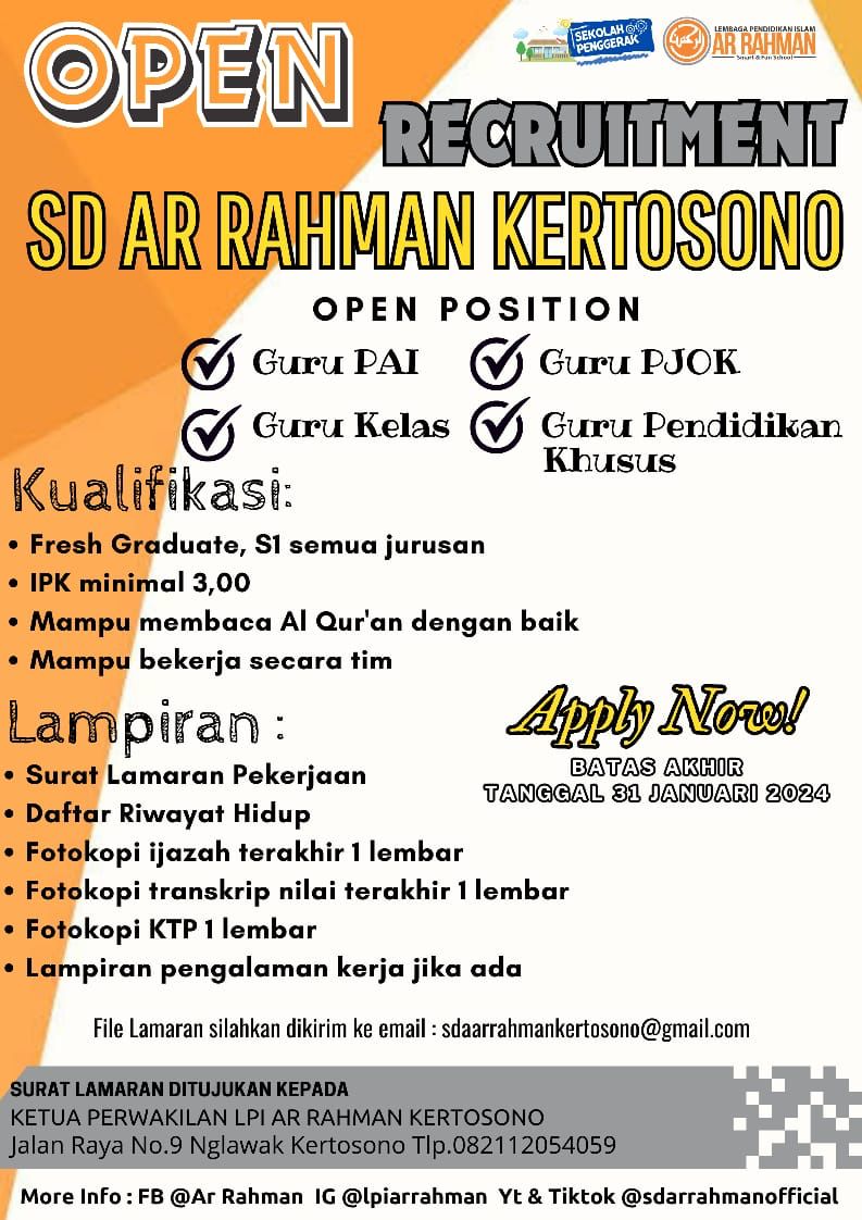 OPEN RECRUITMENT SD AR RAHMAN KERTOSONO 